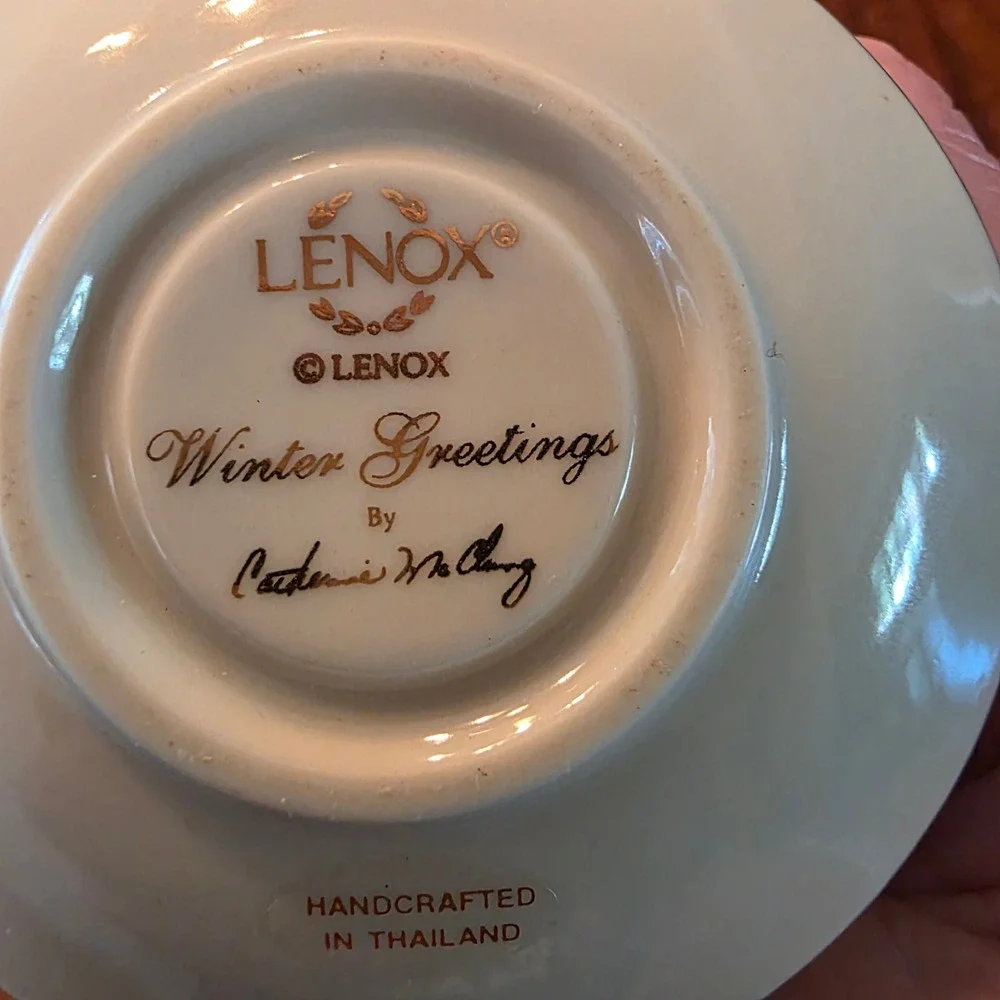Lenox Winter Greetings Miniature Teacup Saucer Ornament Catherine McClung Gold